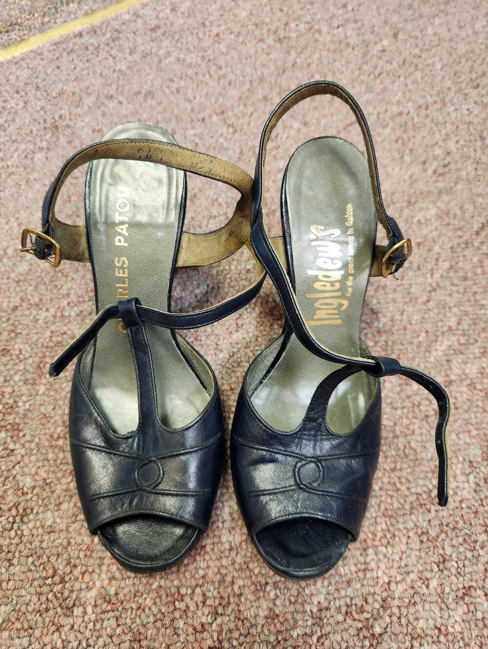Vintage Black Leather T-Strap Slingback Sandals